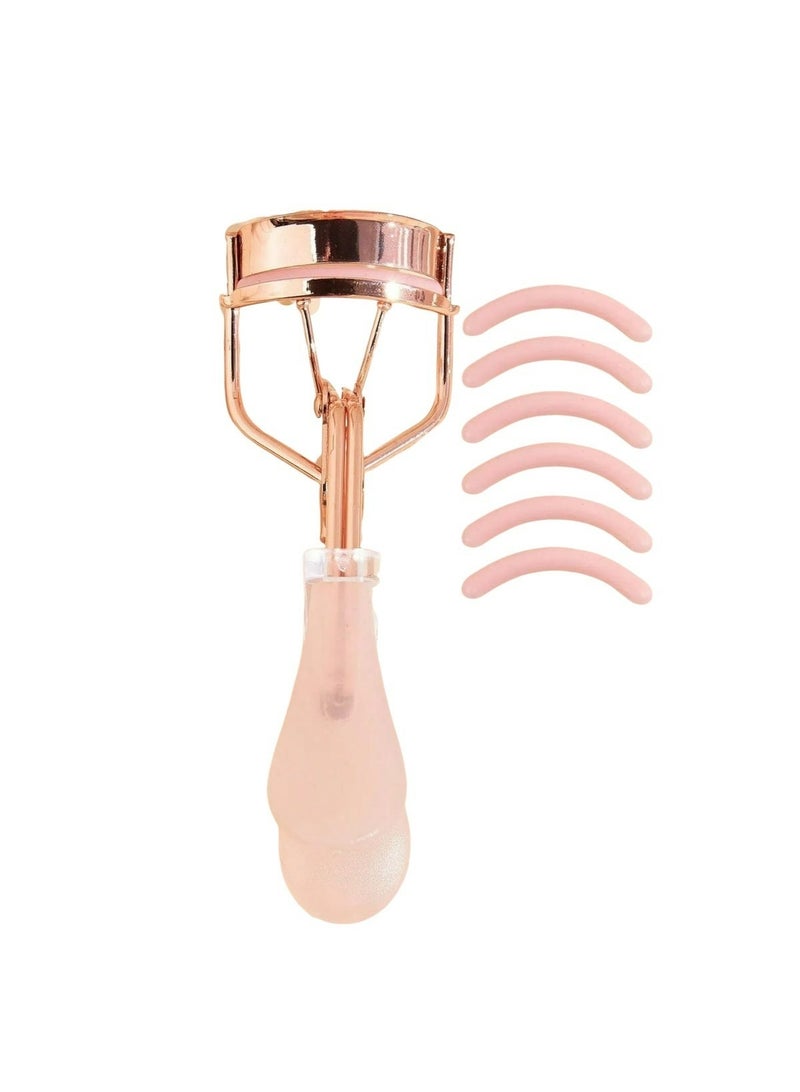 مكبس رموش من الفولاذ المقاوم للصدأ مع 6 وسادات إعادة تعبئة وردية، مكبس رموش بدون ألم بمقبض من السيليكون، تصميم مريح، يناسب جميع أشكال وأحجام العيون، مكبس رموش محمول للنساء (وردي) - Image 1